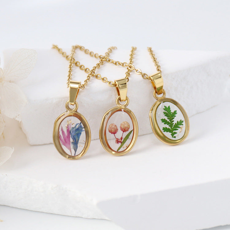 Wholesale 6pcs/pack Summer New Style True Flower Necklace Sweet Style Small Fresh Color True Flower Pendant Stainless Steel Resin Eternal Flower Jewelry